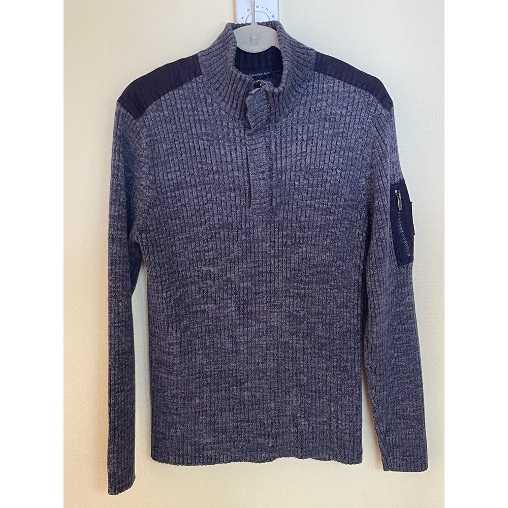 Calvin Klein Jeans Men's 1/4 Zip Ribbed Sweater Gray/Black Shoulder Patch Size L